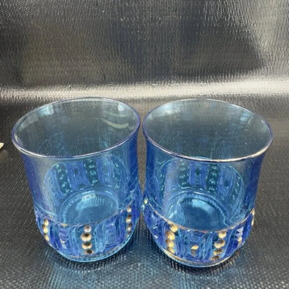 EAPG 1898 Riverside Olympia Glass Seed Pod Blue Tumblers Set‎ Manganese 365nm UV